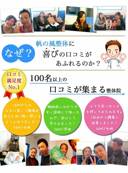 「なぜ？」帆の風整体整体に喜びの口コミがあふれるのか？口コミ満足度No.1。100名以上の口コミが集まる整体院。「10代からのひどい肩こり頭痛が通う度に軽く感じるようになりました！40代女性」「施術前にわかりやすく説明して頂いたので、安心して受けれました！30代男性」「とても良いセンスを持っておられます。1回目から顕著に改善しました！60代女性」
